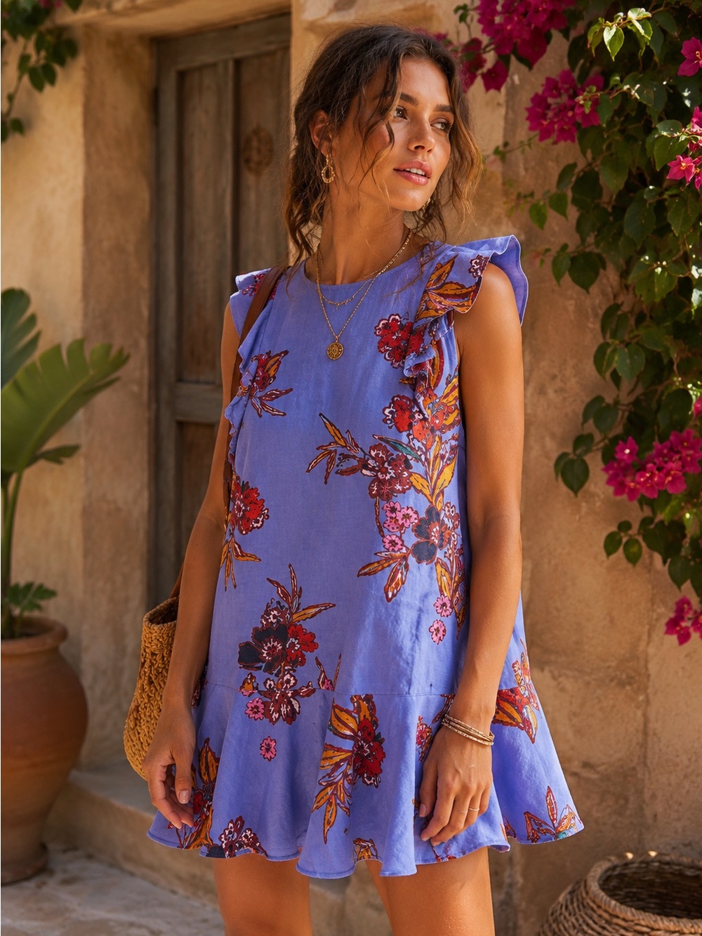 Free People Summer‎ In Tulum Floral Linen Rayon Flutter Sleeve Tunic Mini Dress